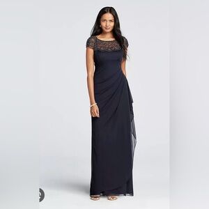 MSK Chic Beaded Cap Sleeve Gown in Navy Blue